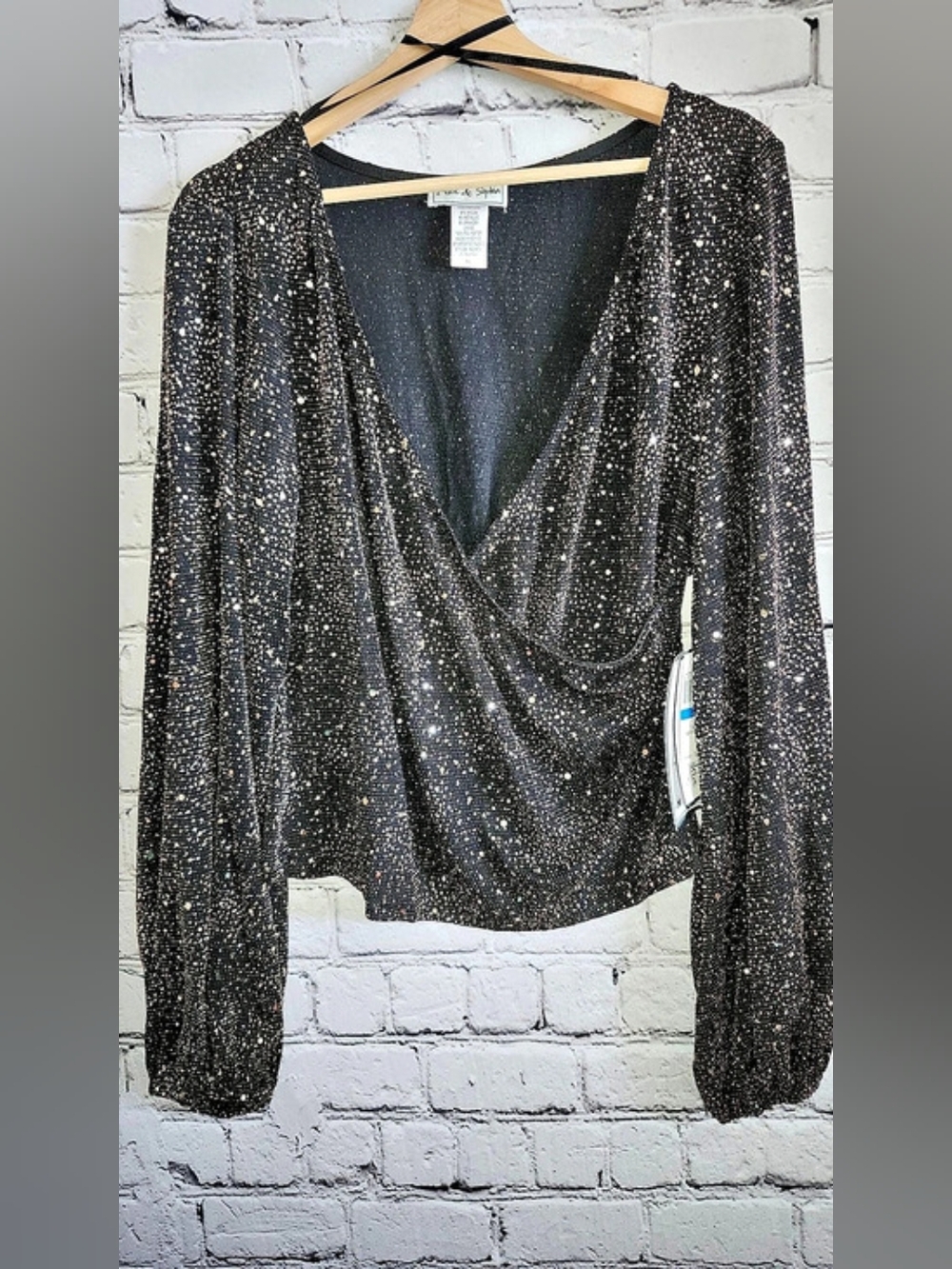 Ally & Sophia Metallic Speckled Wrap Blouse in Black & Gold XL NWT